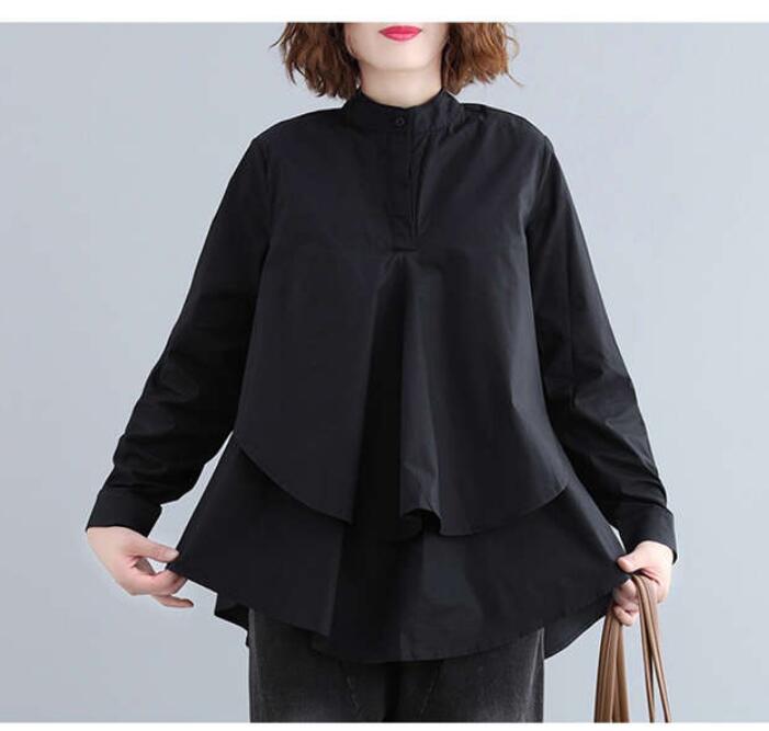 シャツ レディース ブラウス 黒 長袖 立ち襟 シャツブラウス Aライン 通勤 レイヤード風 秋 フ春 長袖 トップス 無地 オフィス 