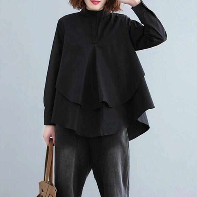 シャツ レディース ブラウス 黒 長袖 立ち襟 シャツブラウス Aライン 通勤 レイヤード風 秋 フ春 長袖 トップス 無地 オフィス 