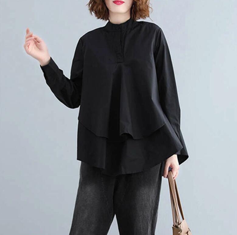 シャツ レディース ブラウス 黒 長袖 立ち襟 シャツブラウス Aライン 通勤 レイヤード風 秋 フ春 長袖 トップス 無地 オフィス 