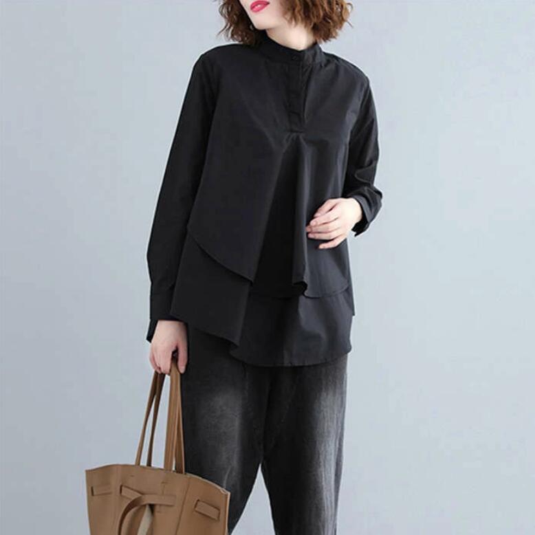 シャツ レディース ブラウス 黒 長袖 立ち襟 シャツブラウス Aライン 通勤 レイヤード風 秋 フ春 長袖 トップス 無地 オフィス 