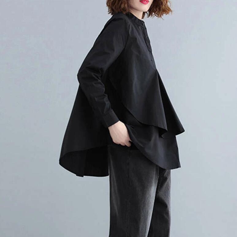 シャツ レディース ブラウス 黒 長袖 立ち襟 シャツブラウス Aライン 通勤 レイヤード風 秋 フ春 長袖 トップス 無地 オフィス 
