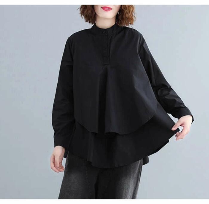 シャツ レディース ブラウス 黒 長袖 立ち襟 シャツブラウス Aライン 通勤 レイヤード風 秋 フ春 長袖 トップス 無地 オフィス 