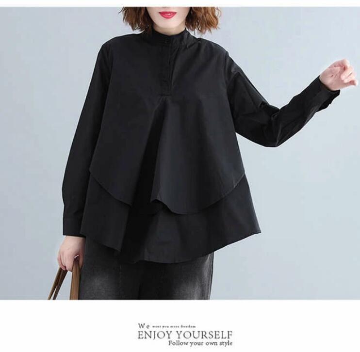 シャツ レディース ブラウス 黒 長袖 立ち襟 シャツブラウス Aライン 通勤 レイヤード風 秋 フ春 長袖 トップス 無地 オフィス 