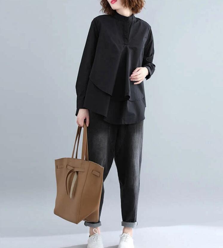 シャツ レディース ブラウス 黒 長袖 立ち襟 シャツブラウス Aライン 通勤 レイヤード風 秋 フ春 長袖 トップス 無地 オフィス 