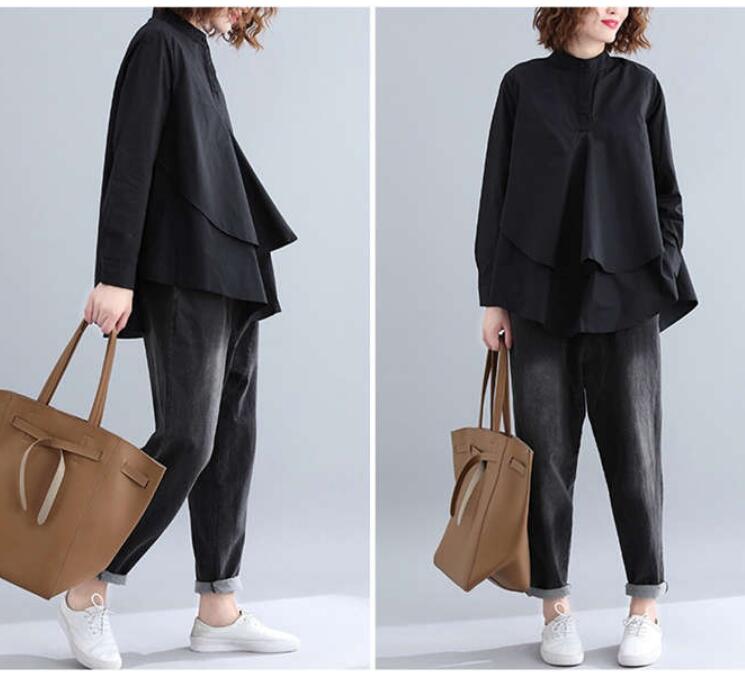 シャツ レディース ブラウス 黒 長袖 立ち襟 シャツブラウス Aライン 通勤 レイヤード風 秋 フ春 長袖 トップス 無地 オフィス 