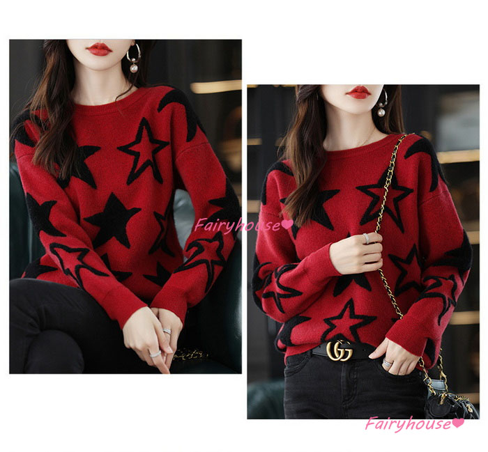 ニットトップス レディース 40代 秋冬 長袖セーター 星柄ニットセーター オシャレ大人 ショット丈ニットインナー 50代 ニットソー ゆったりプルオーバー 30代 