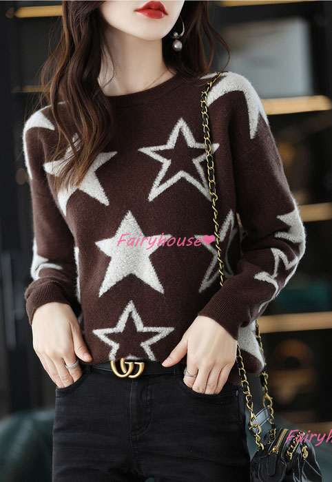 ニットトップス レディース 40代 秋冬 長袖セーター 星柄ニットセーター オシャレ大人 ショット丈ニットインナー 50代 ニットソー ゆったりプルオーバー 30代 