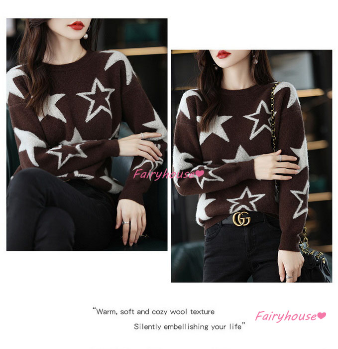 ニットトップス レディース 40代 秋冬 長袖セーター 星柄ニットセーター オシャレ大人 ショット丈ニットインナー 50代 ニットソー ゆったりプルオーバー 30代 