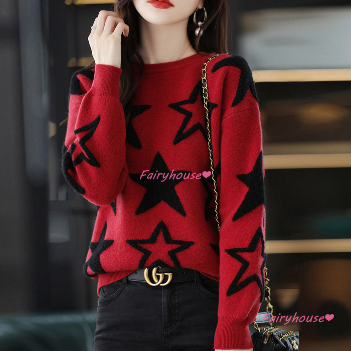 ニットトップス レディース 40代 秋冬 長袖セーター 星柄ニットセーター オシャレ大人 ショット丈ニットインナー 50代 ニットソー ゆったりプルオーバー 30代 