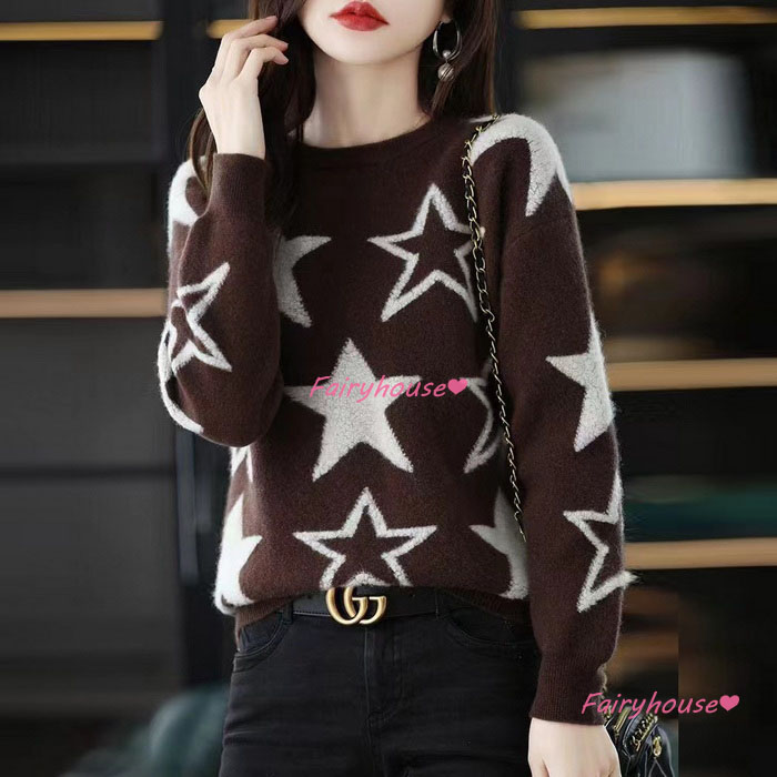 ニットトップス レディース 40代 秋冬 長袖セーター 星柄ニットセーター オシャレ大人 ショット丈ニットインナー 50代 ニットソー ゆったりプルオーバー 30代 