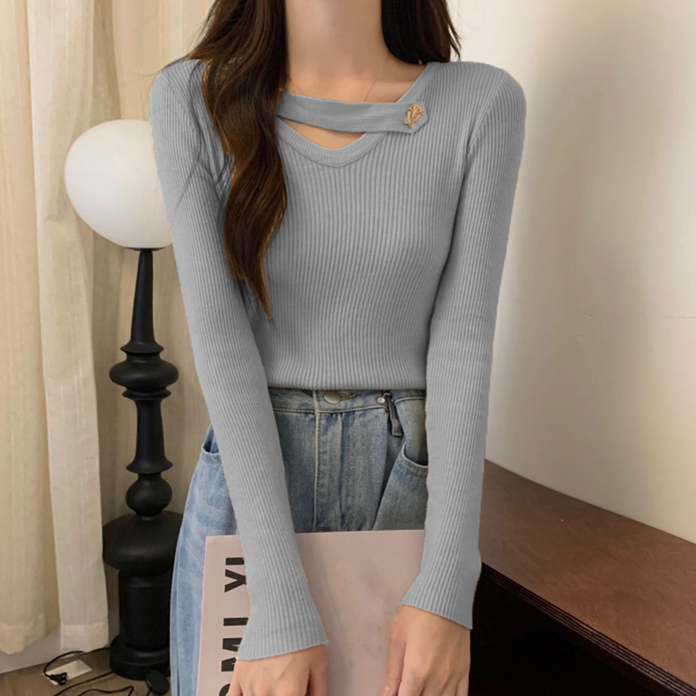 Vネック リブニットトップス 大人秋服 。可  