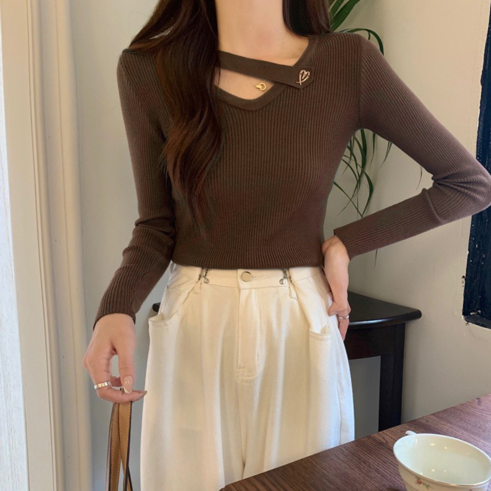 Vネック リブニットトップス 大人秋服 。可  