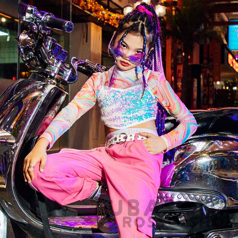 ダンス 衣装 キッズ ピンク 可愛い リップル ヒップホップ ジャズダンス 練習着 HIPHOP 韓国 スパンセット ガールズ 応援団 アップ 
