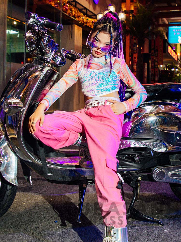 ダンス 衣装 キッズ ピンク 可愛い リップル ヒップホップ ジャズダンス 練習着 HIPHOP 韓国 スパンセット ガールズ 応援団 アップ 