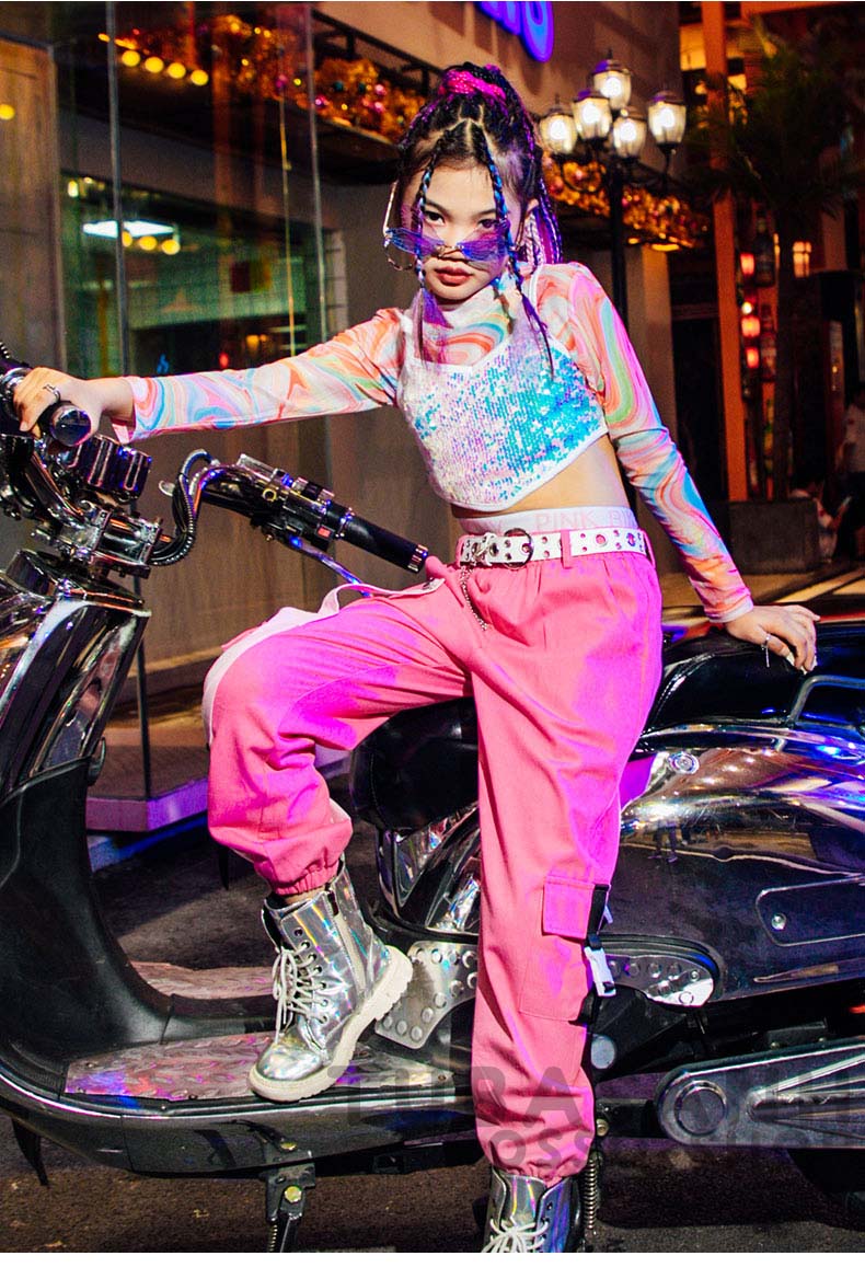 ダンス 衣装 キッズ ピンク 可愛い リップル ヒップホップ ジャズダンス 練習着 HIPHOP 韓国 スパンセット ガールズ 応援団 アップ 