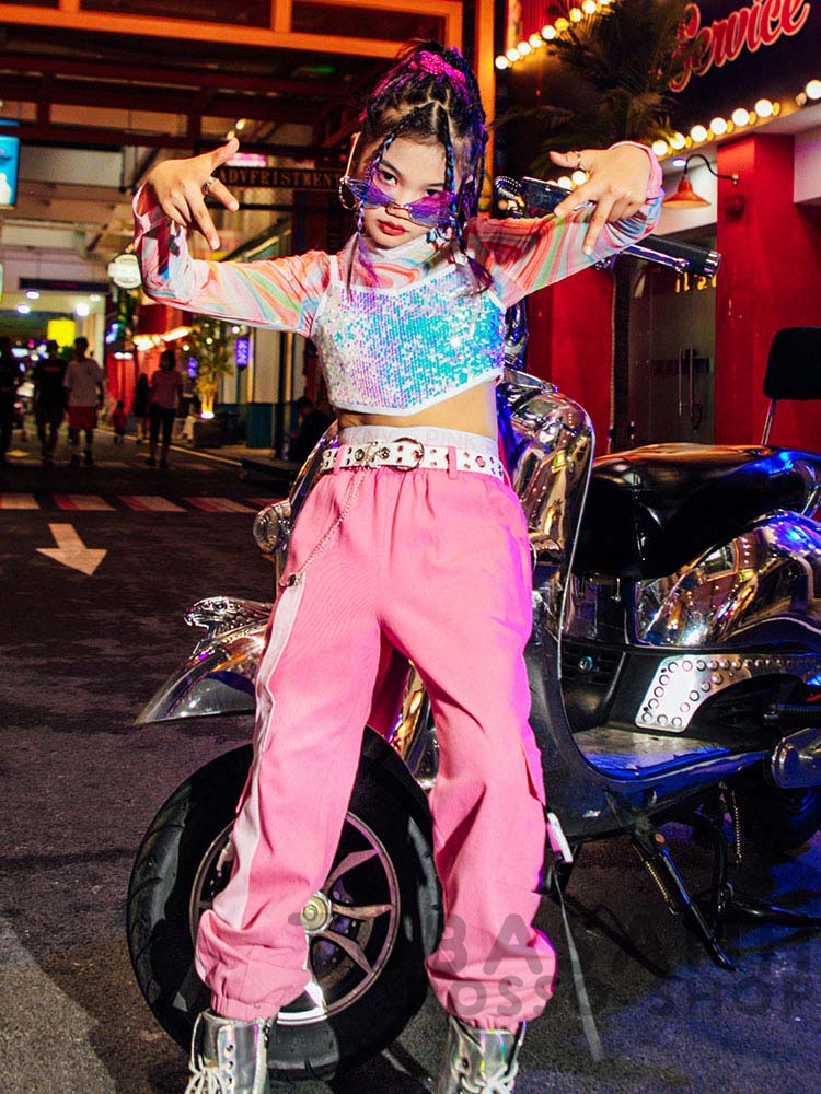 ダンス 衣装 キッズ ピンク 可愛い リップル ヒップホップ ジャズダンス 練習着 HIPHOP 韓国 スパンセット ガールズ 応援団 アップ 