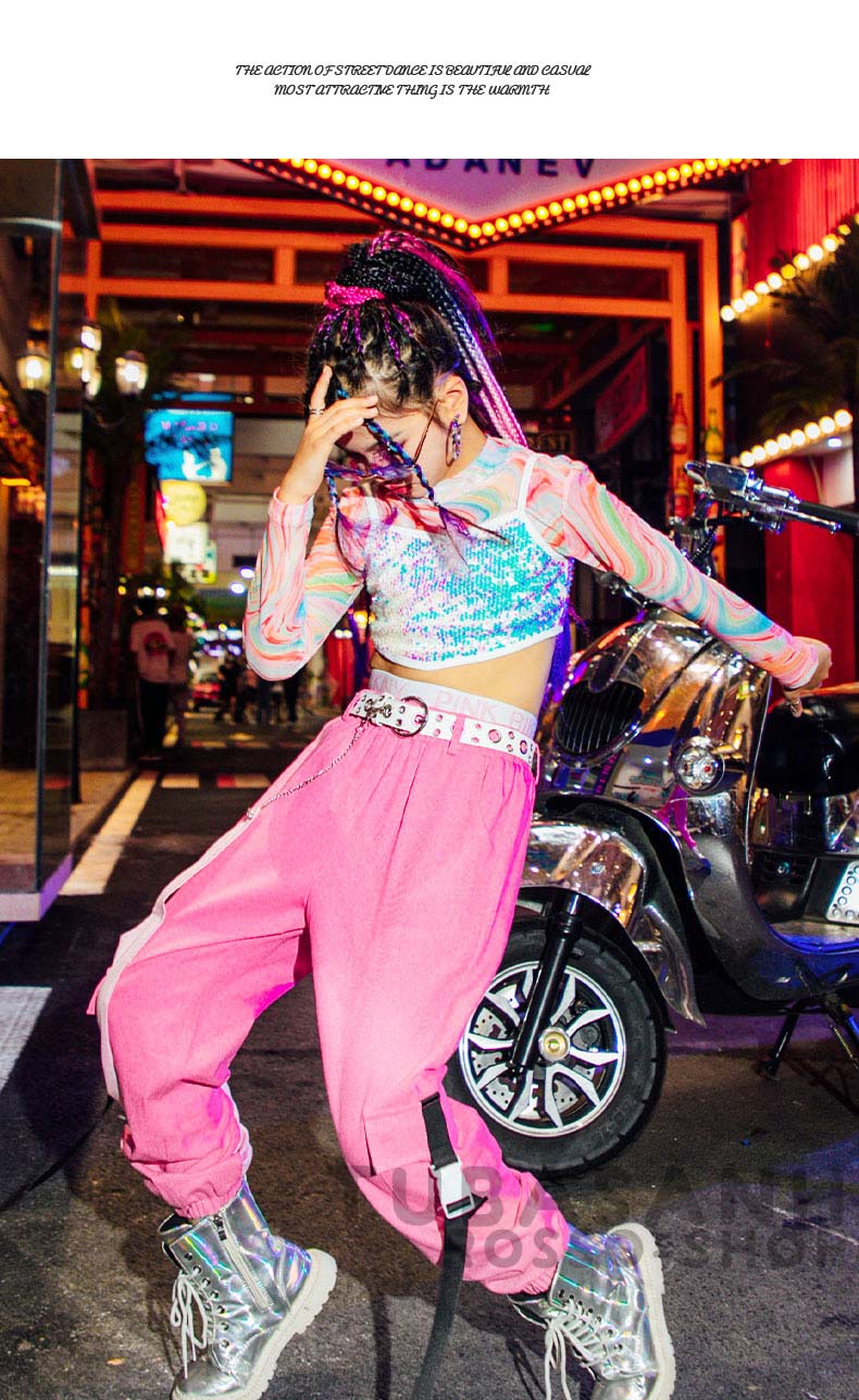 ダンス 衣装 キッズ ピンク 可愛い リップル ヒップホップ ジャズダンス 練習着 HIPHOP 韓国 スパンセット ガールズ 応援団 アップ 