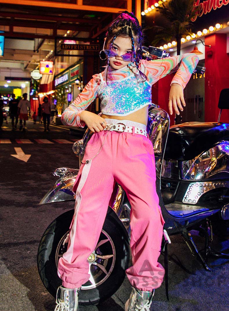 ダンス 衣装 キッズ ピンク 可愛い リップル ヒップホップ ジャズダンス 練習着 HIPHOP 韓国 スパンセット ガールズ 応援団 アップ 