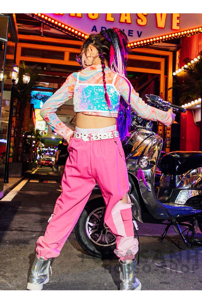ダンス 衣装 キッズ ピンク 可愛い リップル ヒップホップ ジャズダンス 練習着 HIPHOP 韓国 スパンセット ガールズ 応援団 アップ 