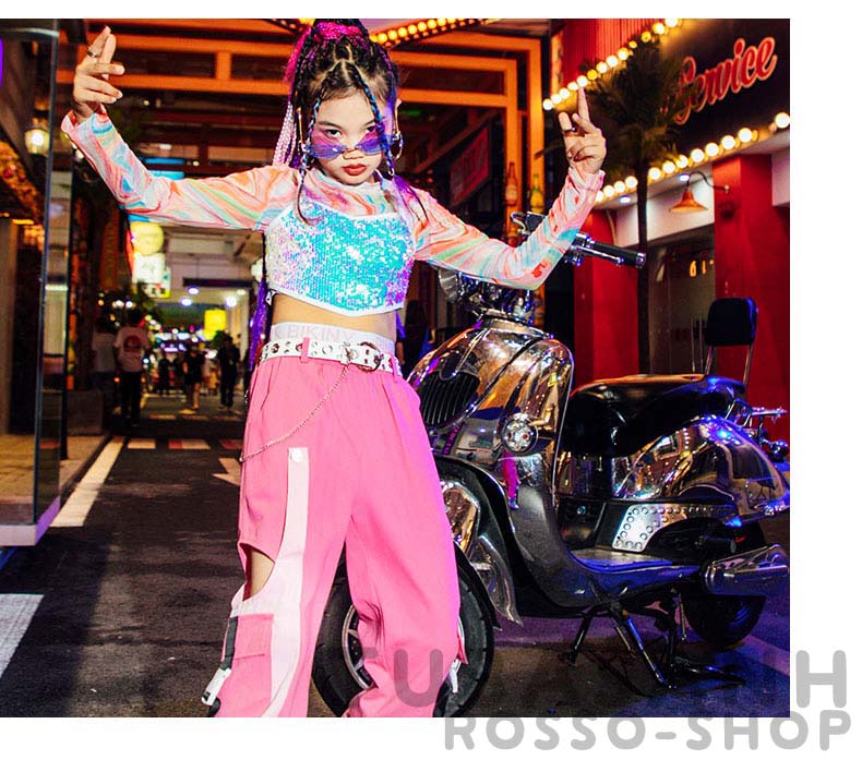 ダンス 衣装 キッズ ピンク 可愛い リップル ヒップホップ ジャズダンス 練習着 HIPHOP 韓国 スパンセット ガールズ 応援団 アップ 