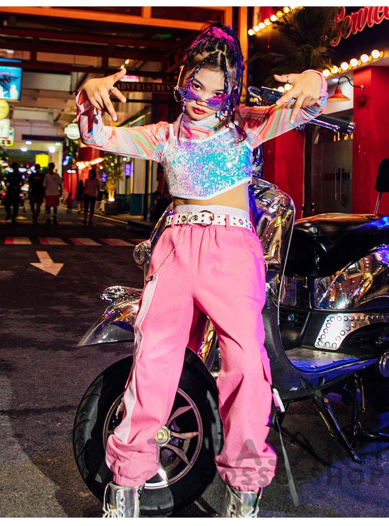 ダンス 衣装 キッズ ピンク 可愛い リップル ヒップホップ ジャズダンス 練習着 HIPHOP 韓国 スパンセット ガールズ 応援団 アップ 