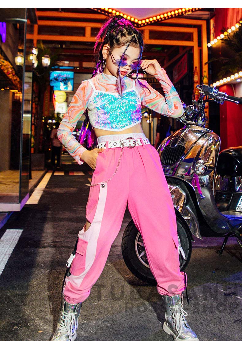 ダンス 衣装 キッズ ピンク 可愛い リップル ヒップホップ ジャズダンス 練習着 HIPHOP 韓国 スパンセット ガールズ 応援団 アップ 