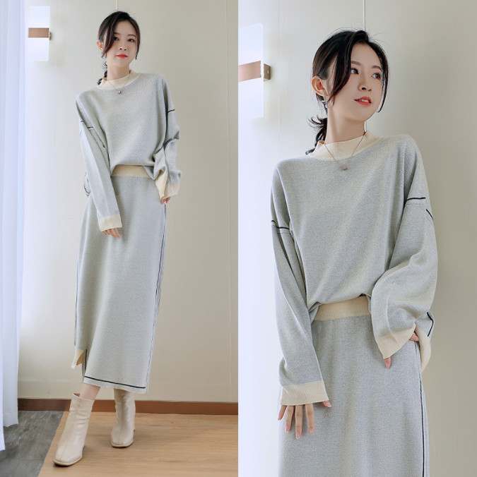 ニットセットアップ レディース セーターセットアップ スカートスーツ 厚手 秋冬セーター ゆったり 送料無料 お呼ばれ スカート ドロップショルダー 2点セット 