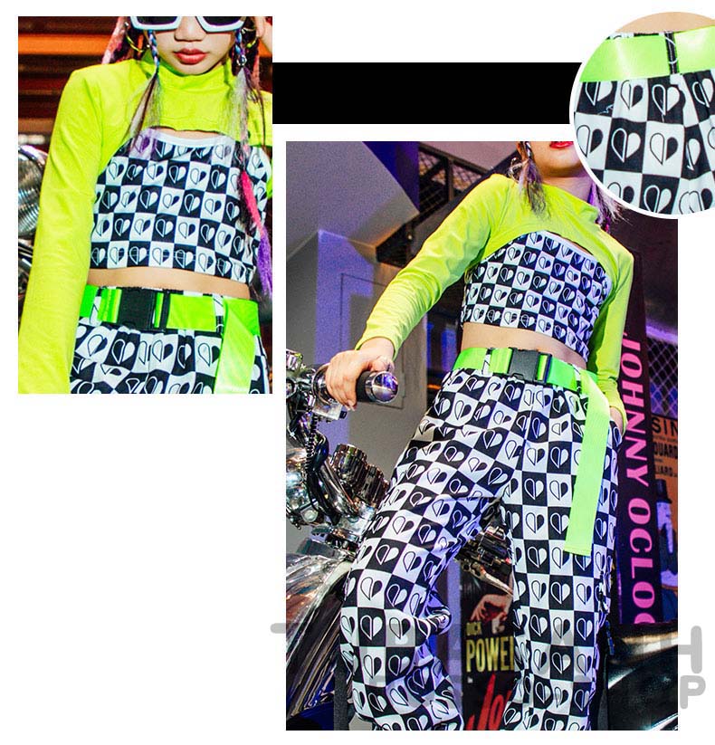 ダンス 衣装 キッズ チアガールズ 緑 黒 パンツ 春 ヒップホップ 白 心 HIPHOP 韓国 秋ジャズダンス 応援団 練習着 セットアップ 