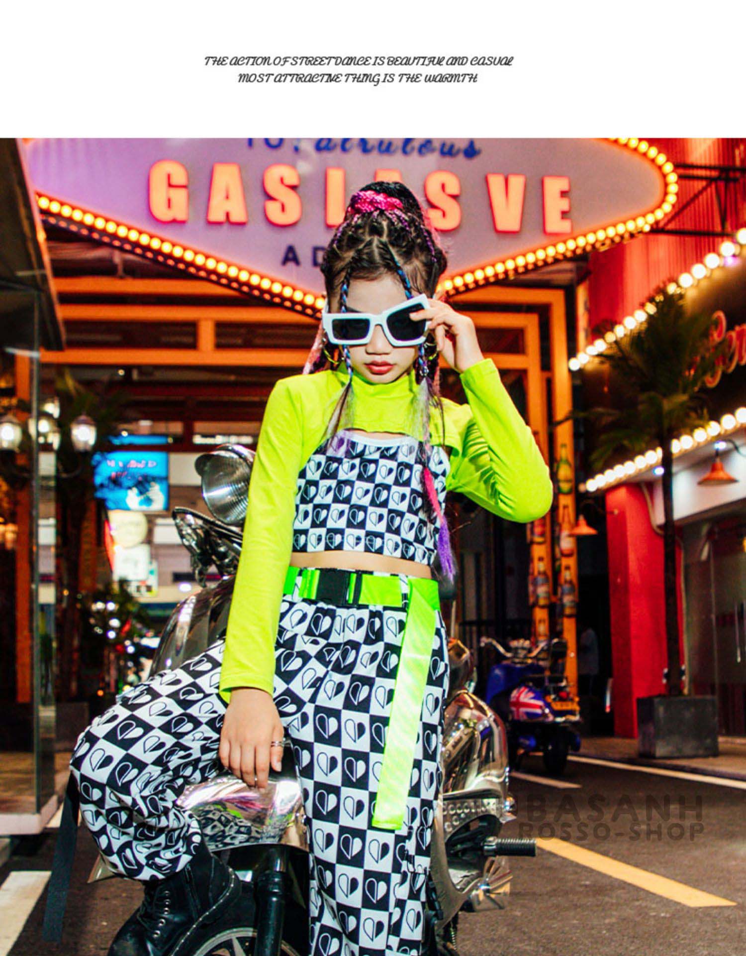 ダンス 衣装 キッズ チアガールズ 緑 黒 パンツ 春 ヒップホップ 白 心 HIPHOP 韓国 秋ジャズダンス 応援団 練習着 セットアップ 