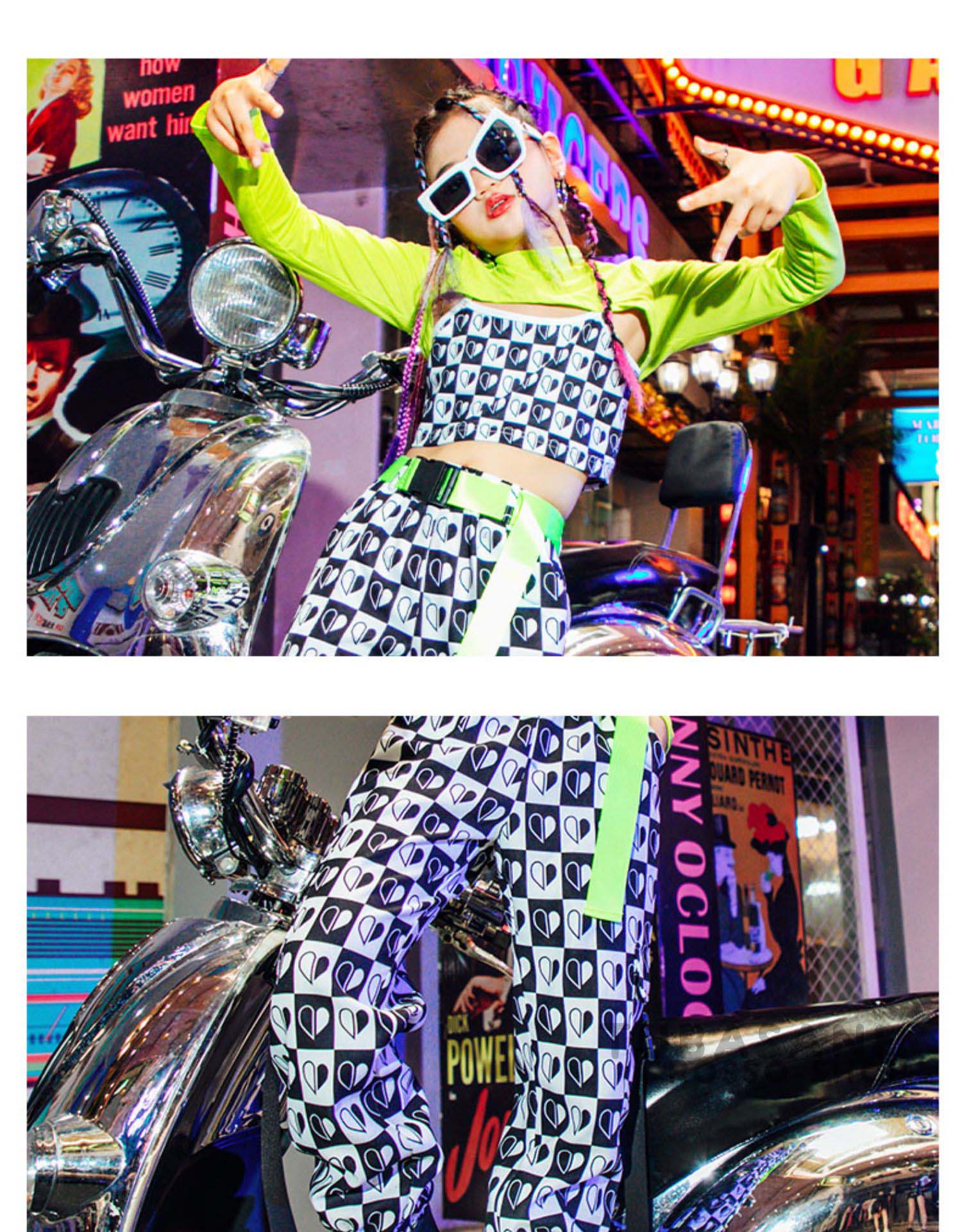 ダンス 衣装 キッズ チアガールズ 緑 黒 パンツ 春 ヒップホップ 白 心 HIPHOP 韓国 秋ジャズダンス 応援団 練習着 セットアップ 