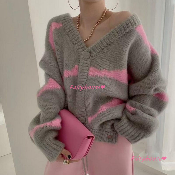 ニットカーディガン レディース 秋冬 40代 長袖ニットコーディガン 配色ボーダー 韓国風 Vネックカーディガン ショット丈セーター おしゃれ ゆったりアウター 