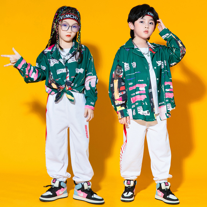キッズ ダンス衣装 ヒップホップ 長袖 シャツ ロングパンツ グリーン ダンス発表会 原宿系派手 K-POP ダボダボ 韓国 トップス 男の子 ジャズ 女の子 派手 