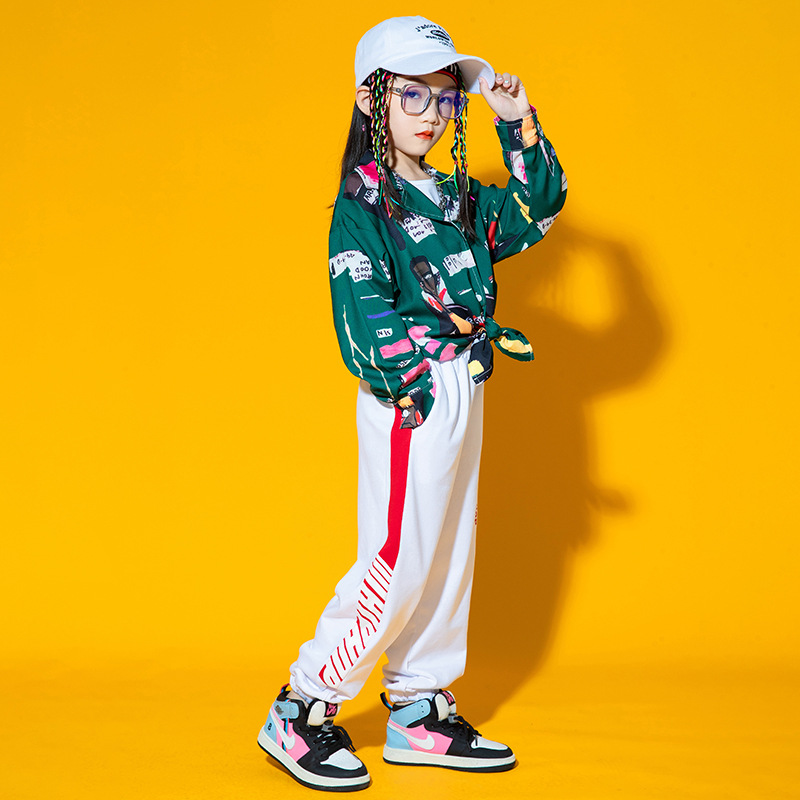 キッズ ダンス衣装 ヒップホップ 長袖 シャツ ロングパンツ グリーン ダンス発表会 原宿系派手 K-POP ダボダボ 韓国 トップス 男の子 ジャズ 女の子 派手 