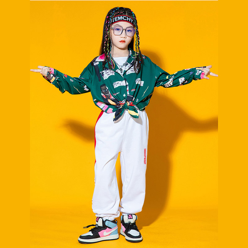 キッズ ダンス衣装 ヒップホップ 長袖 シャツ ロングパンツ グリーン ダンス発表会 原宿系派手 K-POP ダボダボ 韓国 トップス 男の子 ジャズ 女の子 派手 