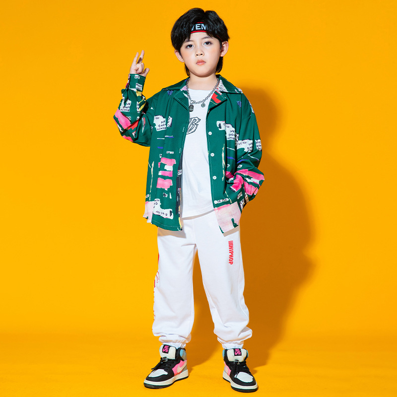 キッズ ダンス衣装 ヒップホップ 長袖 シャツ ロングパンツ グリーン ダンス発表会 原宿系派手 K-POP ダボダボ 韓国 トップス 男の子 ジャズ 女の子 派手 