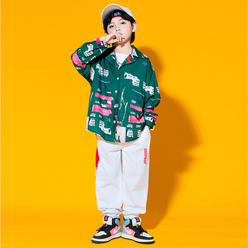キッズ ダンス衣装 ヒップホップ 長袖 シャツ ロングパンツ グリーン ダンス発表会 原宿系派手 K-POP ダボダボ 韓国 トップス 男の子 ジャズ 女の子 派手 