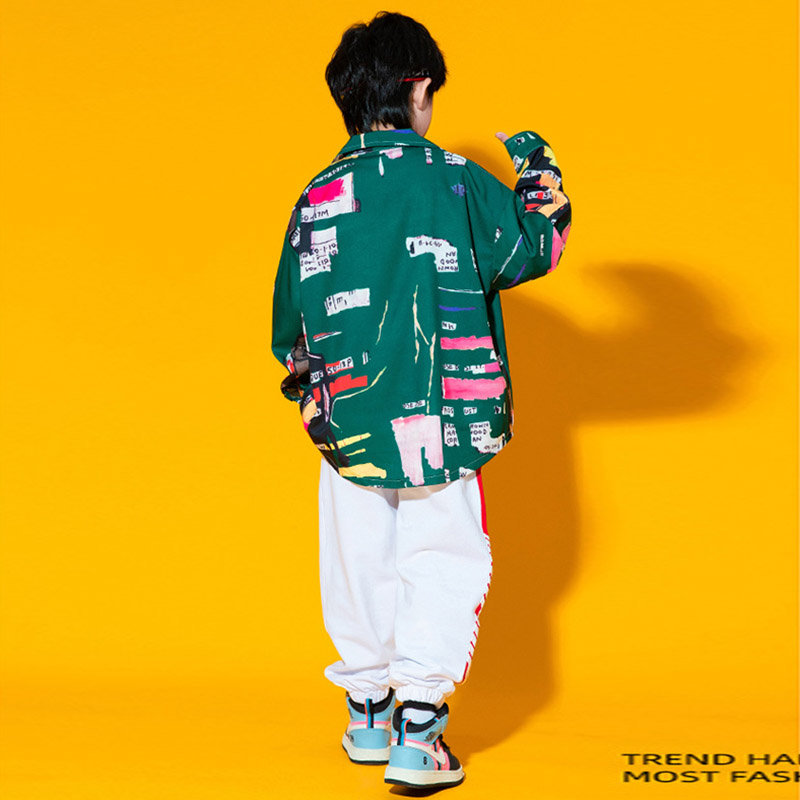 キッズ ダンス衣装 ヒップホップ 長袖 シャツ ロングパンツ グリーン ダンス発表会 原宿系派手 K-POP ダボダボ 韓国 トップス 男の子 ジャズ 女の子 派手 