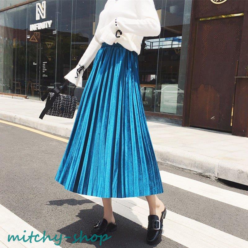 ベロアスカート フレアスカート プリーツスカート 無地 レディース ボロングスカート 。 春秋冬 マキシ丈 ウエストゴム 