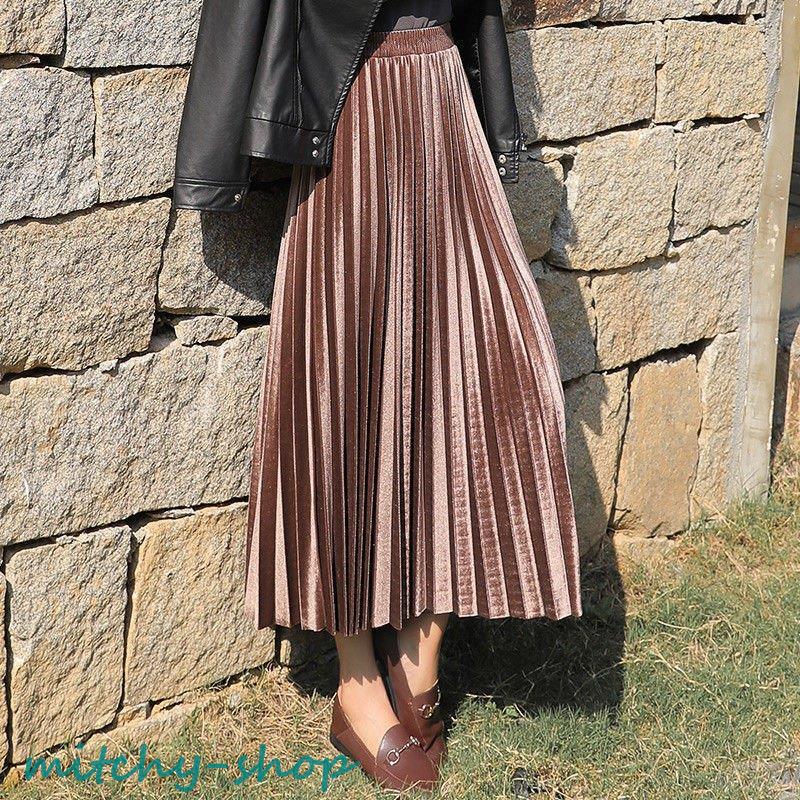 ベロアスカート フレアスカート プリーツスカート 無地 レディース ボロングスカート 。 春秋冬 マキシ丈 ウエストゴム 