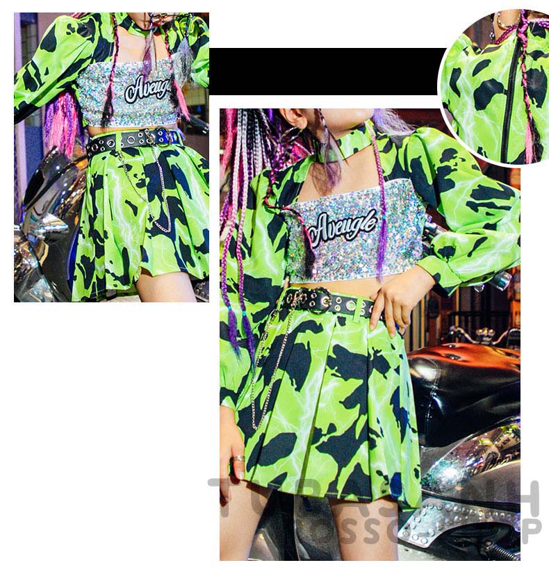 ダンス衣装 キッズ 女の子 迷彩柄 緑 スパンセット ステージ衣装 演奏会 練習着 応援団 ジャズダンス衣装 HIPHOP へそ出し 韓国 