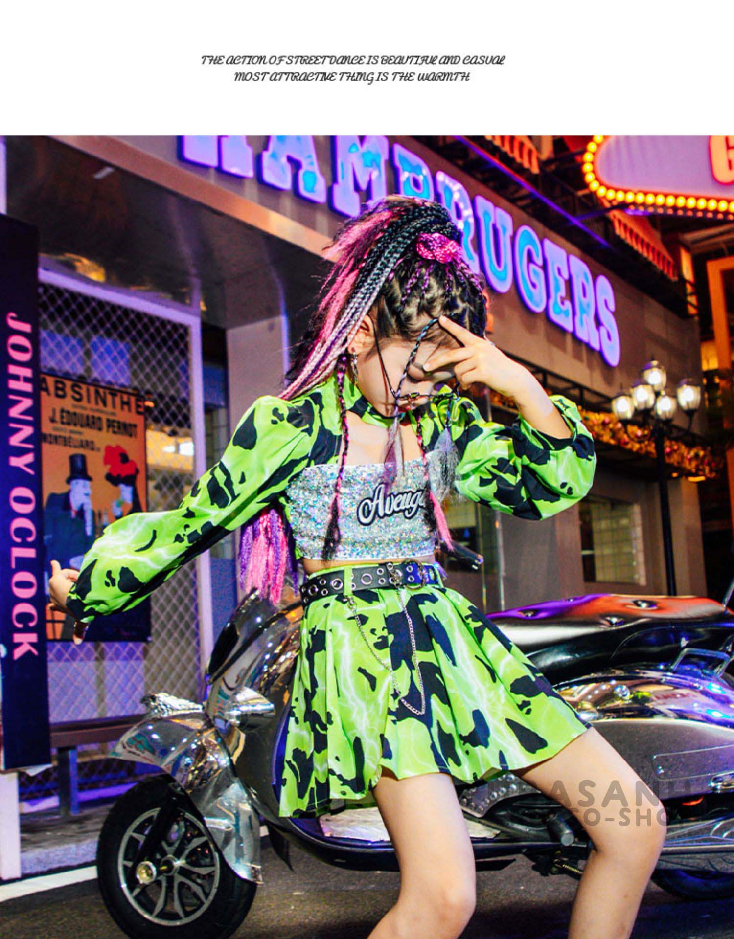 ダンス衣装 キッズ 女の子 迷彩柄 緑 スパンセット ステージ衣装 演奏会 練習着 応援団 ジャズダンス衣装 HIPHOP へそ出し 韓国 