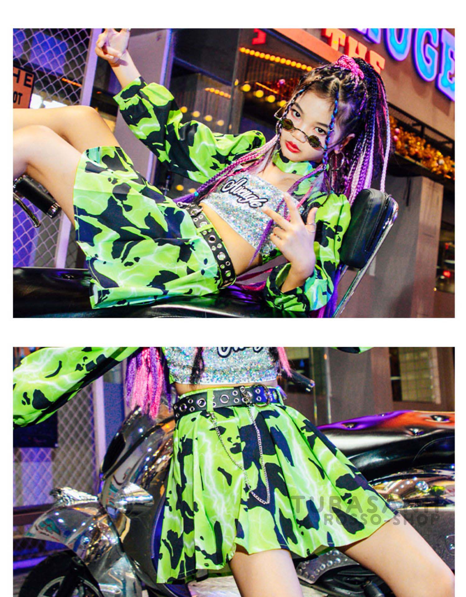 ダンス衣装 キッズ 女の子 迷彩柄 緑 スパンセット ステージ衣装 演奏会 練習着 応援団 ジャズダンス衣装 HIPHOP へそ出し 韓国 