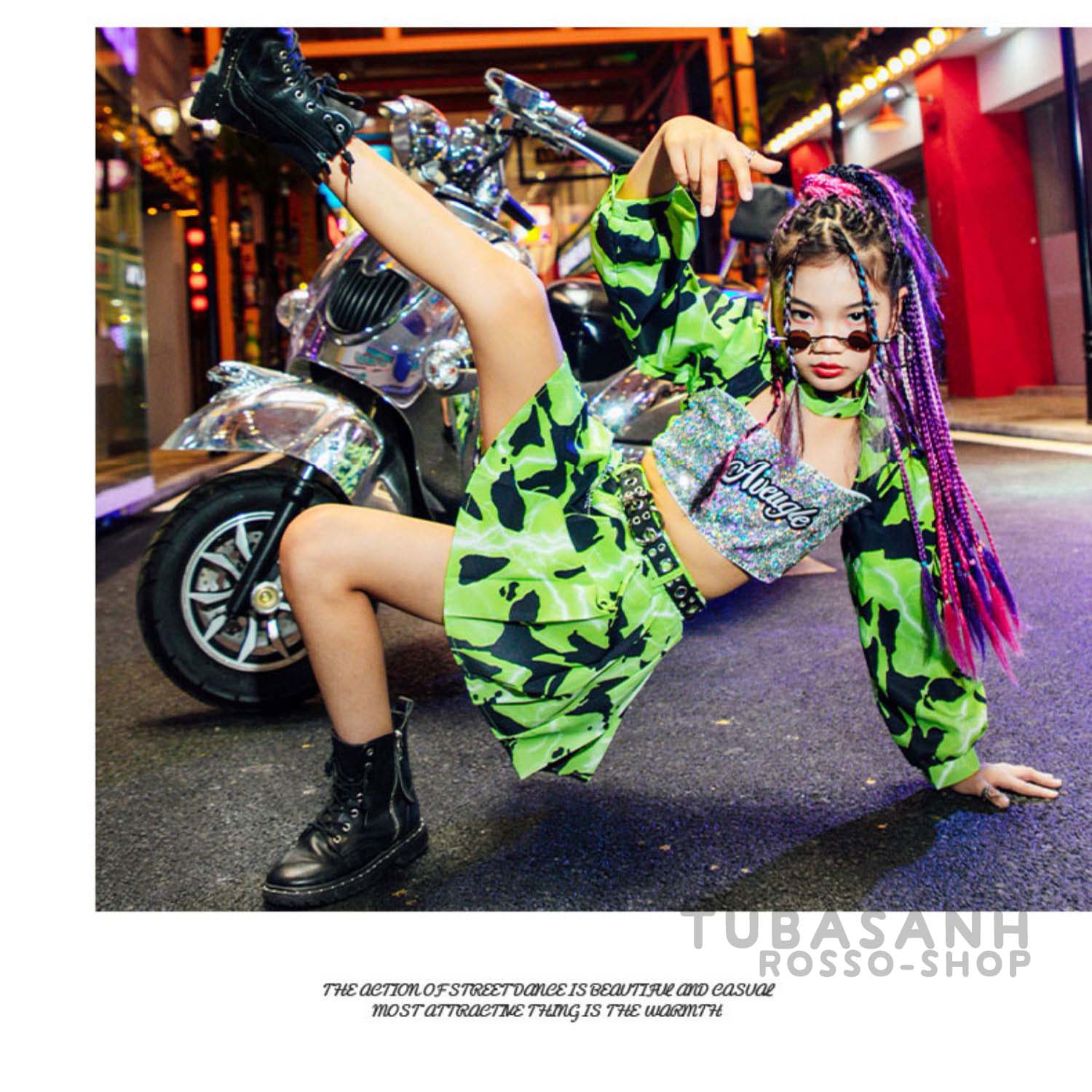 ダンス衣装 キッズ 女の子 迷彩柄 緑 スパンセット ステージ衣装 演奏会 練習着 応援団 ジャズダンス衣装 HIPHOP へそ出し 韓国 