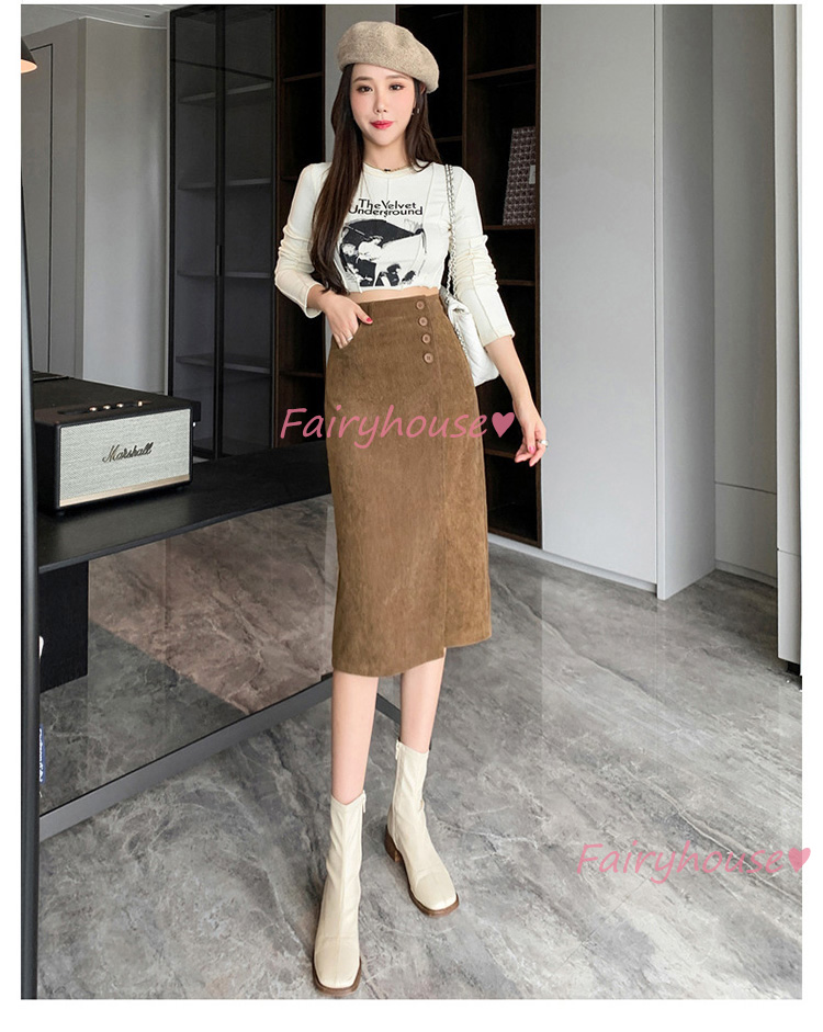 スカート 膝丈 秋冬 タイトスカート 黒コールテンスカート レディース ハイウェストボ大人 ロング丈Aラインスカート スリット 40代 オシャレ30代 50代 