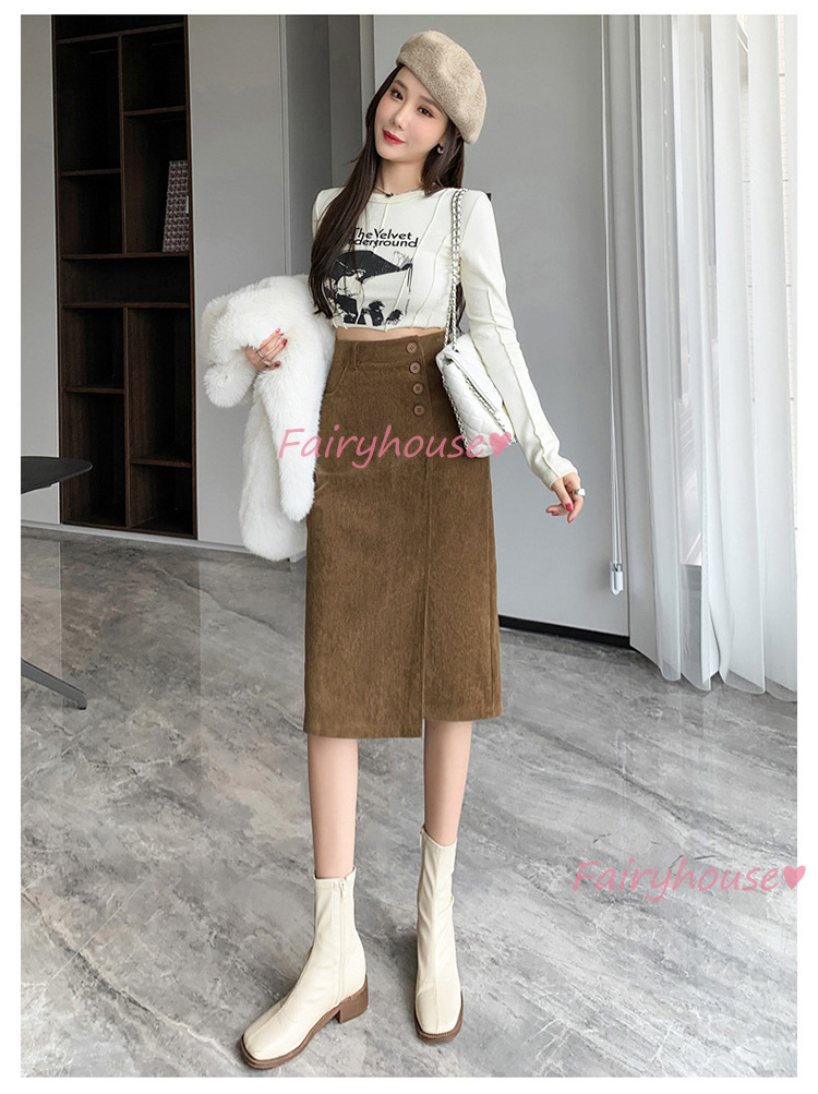 スカート 膝丈 秋冬 タイトスカート 黒コールテンスカート レディース ハイウェストボ大人 ロング丈Aラインスカート スリット 40代 オシャレ30代 50代 