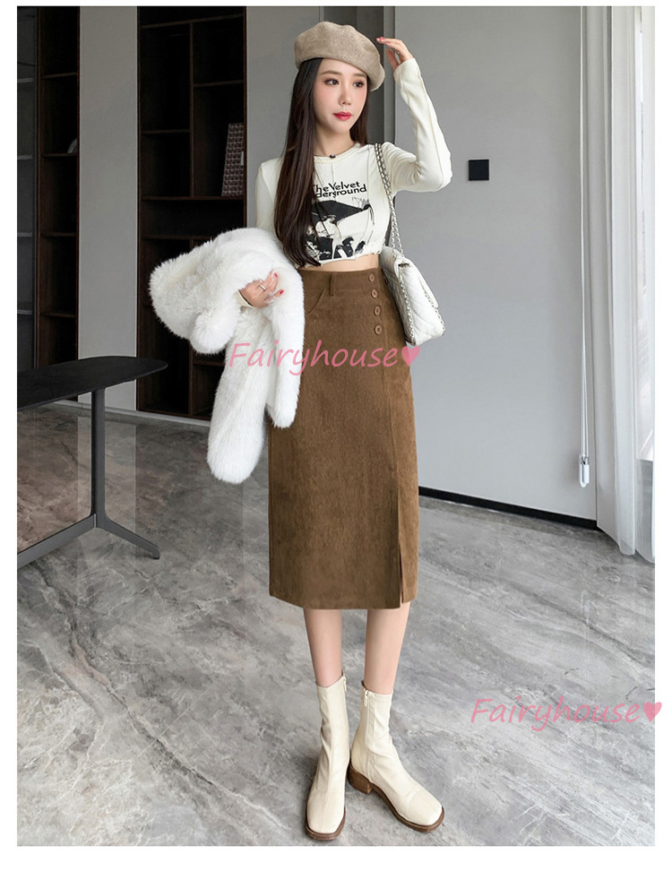 スカート 膝丈 秋冬 タイトスカート 黒コールテンスカート レディース ハイウェストボ大人 ロング丈Aラインスカート スリット 40代 オシャレ30代 50代 