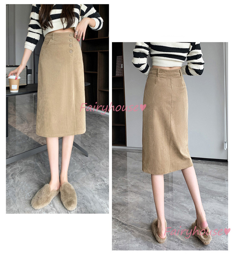 スカート 膝丈 秋冬 タイトスカート 黒コールテンスカート レディース ハイウェストボ大人 ロング丈Aラインスカート スリット 40代 オシャレ30代 50代 