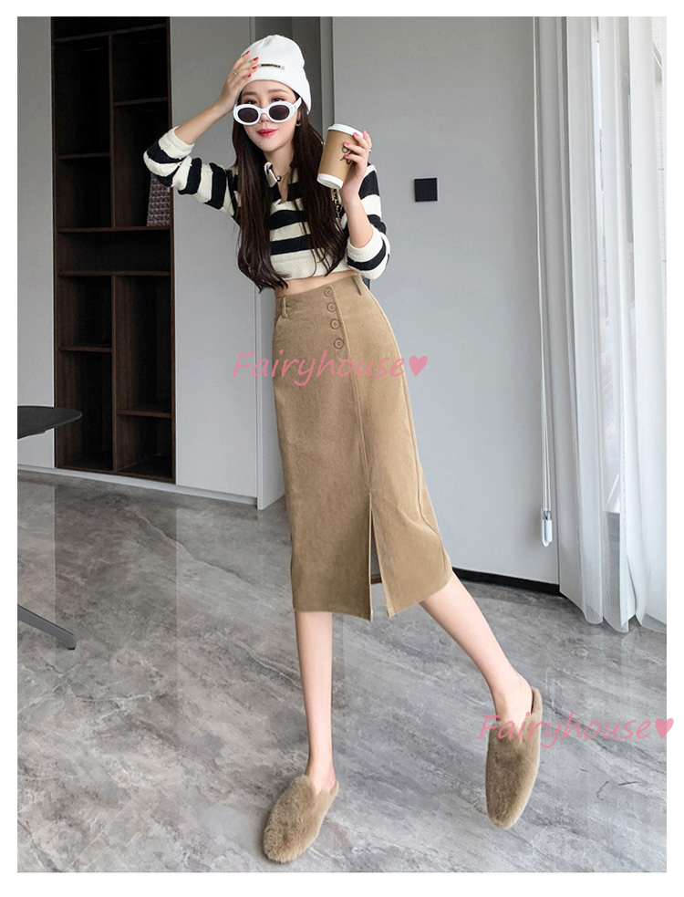 スカート 膝丈 秋冬 タイトスカート 黒コールテンスカート レディース ハイウェストボ大人 ロング丈Aラインスカート スリット 40代 オシャレ30代 50代 