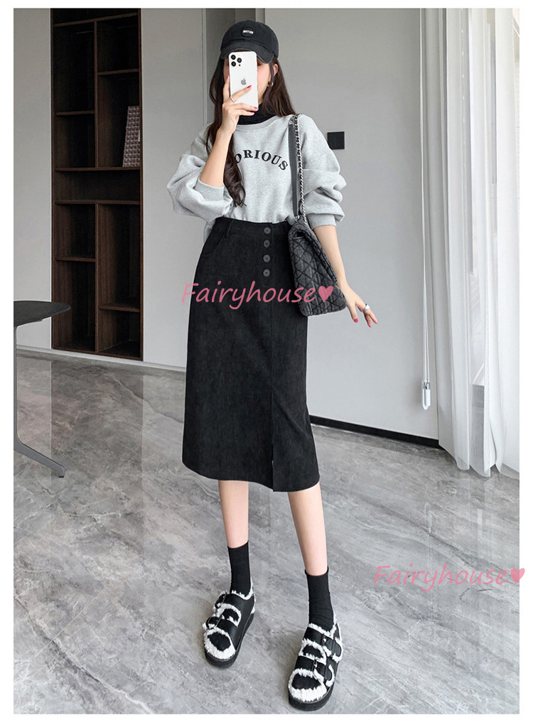 スカート 膝丈 秋冬 タイトスカート 黒コールテンスカート レディース ハイウェストボ大人 ロング丈Aラインスカート スリット 40代 オシャレ30代 50代 