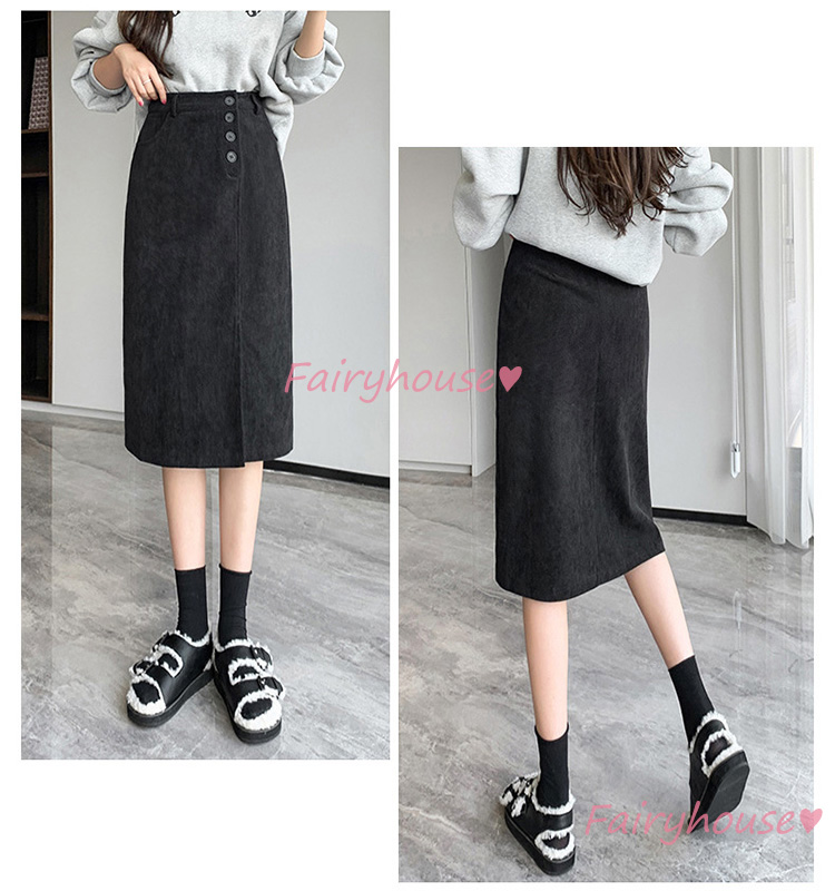 スカート 膝丈 秋冬 タイトスカート 黒コールテンスカート レディース ハイウェストボ大人 ロング丈Aラインスカート スリット 40代 オシャレ30代 50代 
